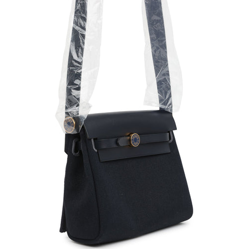 Hermes Herbag Zip 20 Mini Bleu Indigo Toile Militaire Canvas and Bleu Marine Vache Hunter Gold Hardware