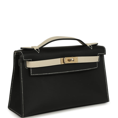 Hermes Special Order (HSS) Kelly Pochette Black and Beton Swift Permabrass Hardware