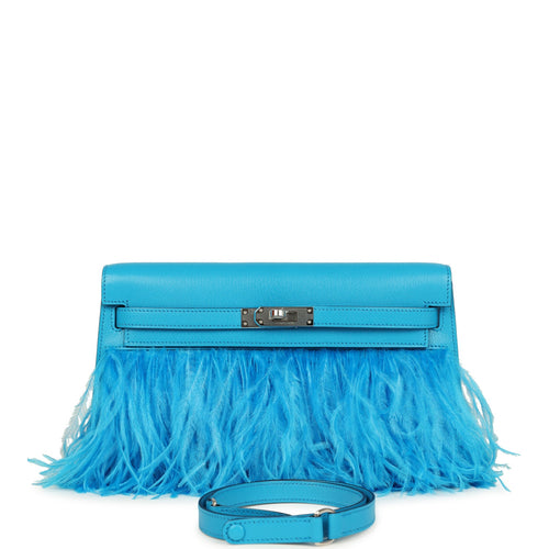 Hermes Kelly Elan Foile Bleu Frida Chevre Chamkila and Ostrich Feathers Palladium Hardware