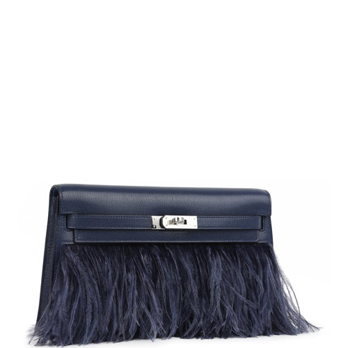 Hermes Kelly Elan Foile Bleu Saphir Chevre Chamkila and Ostrich Feathers Palladium Hardware