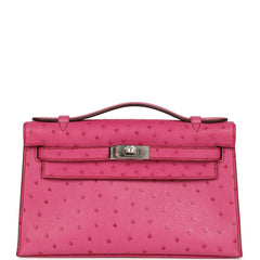 Pre-owned Hermes Kelly Pochette Fuchsia Ostrich Palladium Hardware