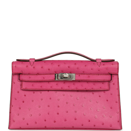 Pre-owned Hermes Kelly Pochette Fuchsia Ostrich Palladium Hardware