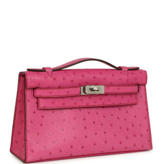 Pre-owned Hermes Kelly Pochette Fuchsia Ostrich Palladium Hardware
