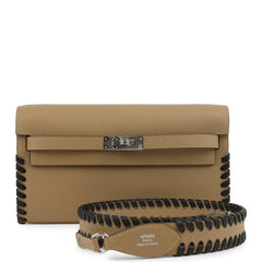 Hermes Kelly To Go Tressage Wallet Poussiere and Black Epsom Palladium Hardware