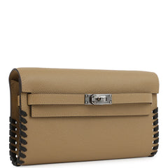 Hermes Kelly To Go Tressage Wallet Poussiere and Black Epsom Palladium Hardware
