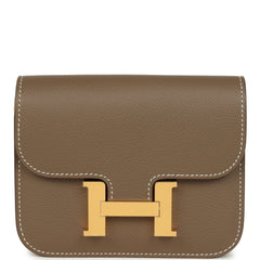 Hermes Constance Slim Compact Wallet Etoupe Evercolor Gold Hardware