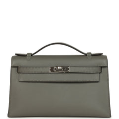 Pre-owned Hermes Kelly Pochette Gris Meyer Swift Paladium Hardware