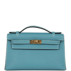 Hermes Kelly Pochette Blue Jean Swift Gold Hardware