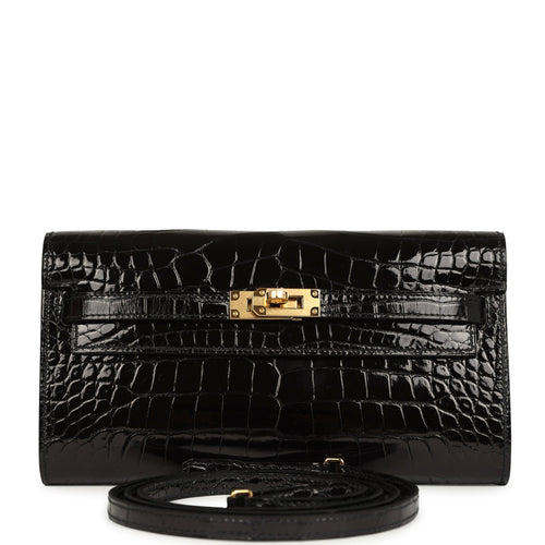 Pre-owned Hermes Kelly Wallet To Go Black Shiny Alligator Gold Hardware