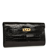 Pre-owned Hermes Kelly Wallet To Go Black Shiny Alligator Gold Hardware