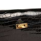 Pre-owned Hermes Kelly Wallet To Go Black Shiny Alligator Gold Hardware