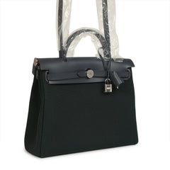 Hermes Herbag Zip PM 31 Vert Cypres Officier Canvas, Ardoise Vache Hunter Palladium Hardware