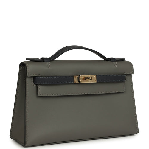 Pre-owned Hermes Special Order (HSS) Kelly Pochette Gris Meyer and Caban Swift Permabrass Hardware