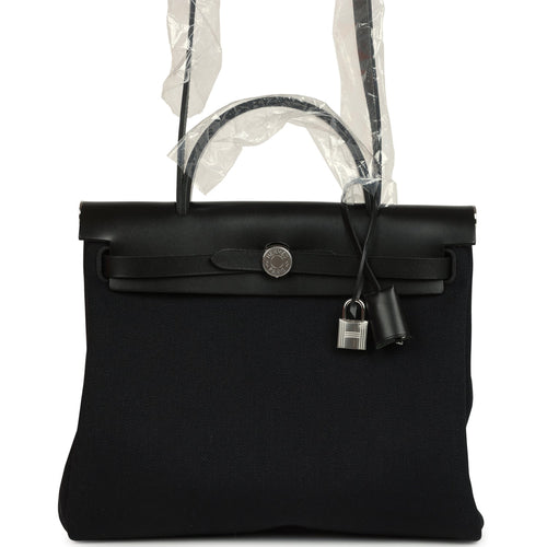 Hermes Herbag Zip 31 PM Black Military Canvas & Vache Hunter Palladium Hardware