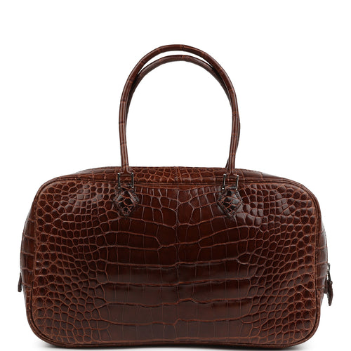 Pre-owned Hermes Plume Elan 28 Miel Shiny Alligator Palladium Hardware