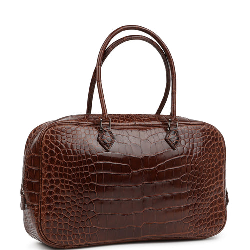 Pre-owned Hermes Plume Elan 28 Miel Shiny Alligator Palladium Hardware