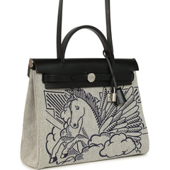Pre-owned Hermes Herbag Zip Pegase Pop PM 31 Ecru Toile H Canvas and Black Hunter Palladium Hardware