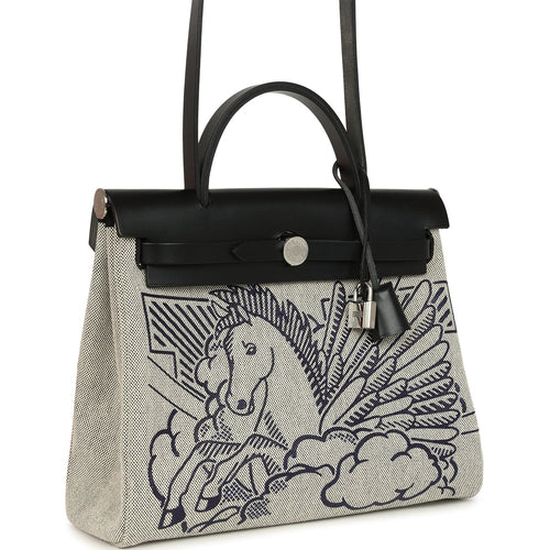 Pre-owned Hermes Herbag Zip Pegase Pop PM 31 Ecru Toile H Canvas and Black Hunter Palladium Hardware