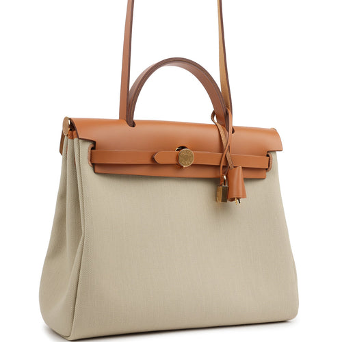 Hermes Herbag Zip PM 31 Beton Toile H & Fauve Vache Hunter Gold Hardware