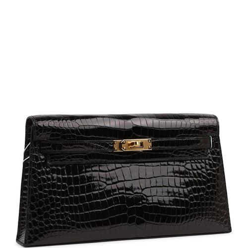 Hermes Kelly Elan Black Shiny Porosus Crocodile Gold Hardware