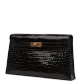 Hermes Kelly Elan Black Shiny Porosus Crocodile Gold Hardware