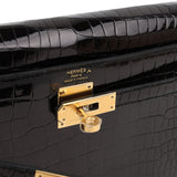 Hermes Kelly Elan Black Shiny Porosus Crocodile Gold Hardware