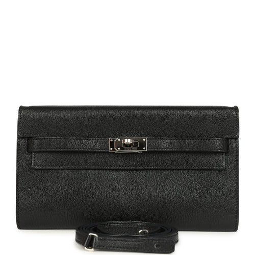Pre-owned Hermes Kelly Wallet To Go Black Chevre Mysore Palladium Hardware