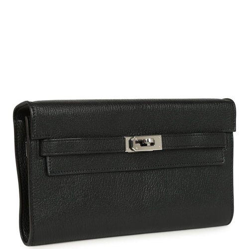 Pre-owned Hermes Kelly Wallet To Go Black Chevre Mysore Palladium Hardware