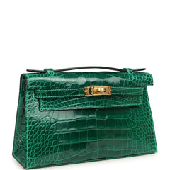 Hermes Kelly Pochette Vert Emeraude Shiny Alligator Gold Hardware