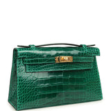 Hermes Kelly Pochette Vert Emeraude Shiny Alligator Gold Hardware