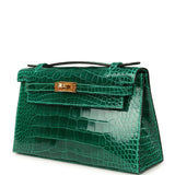 Hermes Kelly Pochette Vert Emeraude Shiny Alligator Gold Hardware