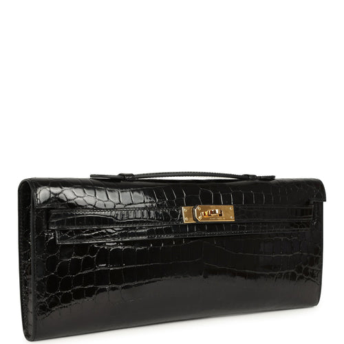 Pre-owned Hermes Kelly Cut Black Shiny Niloticus Crocodile Gold Hardware