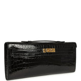 Pre-owned Hermes Kelly Cut Black Shiny Niloticus Crocodile Gold Hardware
