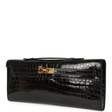 Pre-owned Hermes Kelly Cut Black Shiny Niloticus Crocodile Gold Hardware