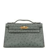 Hermes Kelly Pochette Vert Amande Ostrich Gold Hardware