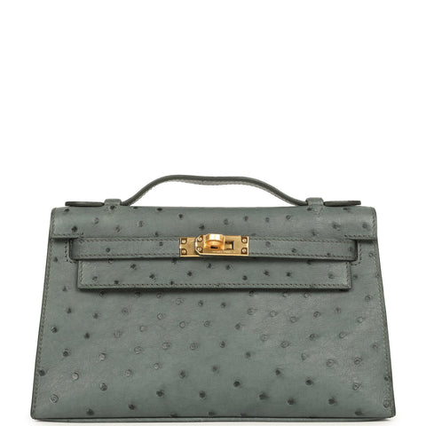 Hermes Kelly Pochette Vert Amande Ostrich Gold Hardware