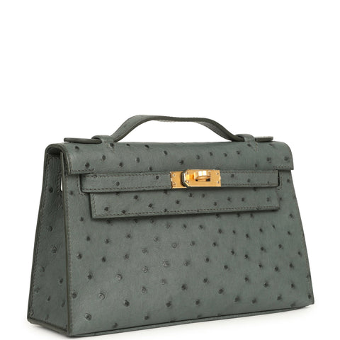 Hermes Kelly Pochette Vert Amande Ostrich Gold Hardware