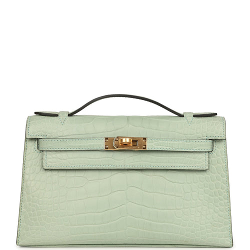 Hermes Kelly Pochette Vert D' Eau Matte Alligator Gold Hardware