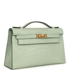 Hermes Kelly Pochette Vert D' Eau Matte Alligator Gold Hardware