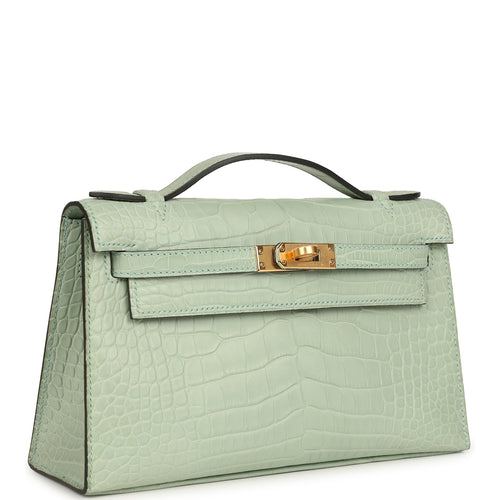 Hermes Kelly Pochette Vert D' Eau Matte Alligator Gold Hardware