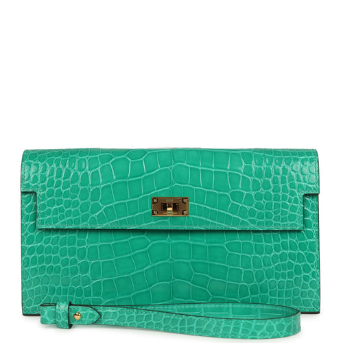 Hermes Kelly Pocket Long Wallet Vert Jade Shiny Alligator Gold Hardware