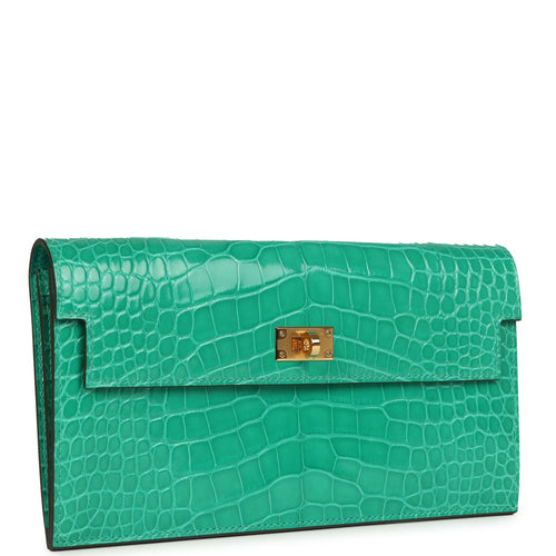 Hermes Kelly Pocket Long Wallet Vert Jade Shiny Alligator Gold Hardware