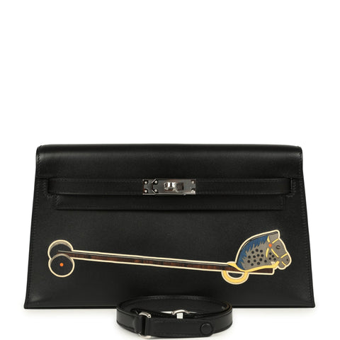 Hermes Kelly Elan "Cheval De Bois" Black and Multi Tadelakt Palladium Hardware