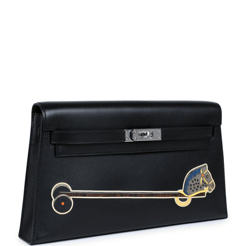 Hermes Kelly Elan "Cheval De Bois" Black and Multi Tadelakt Palladium Hardware