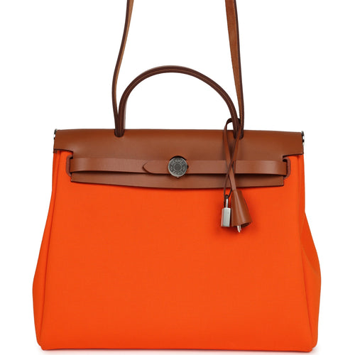 Pre-owned Hermes Herbag Zip PM 31 Orange Minium Toile H Canvas and Fauve Vache Hunter Palladium Hardware