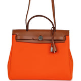 Pre-owned Hermes Herbag Zip PM 31 Orange Minium Toile H Canvas and Fauve Vache Hunter Palladium Hardware