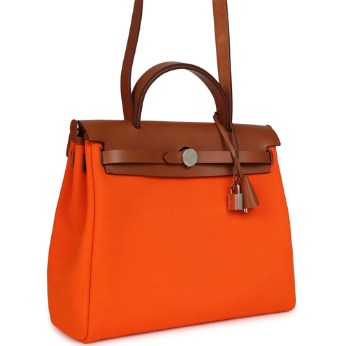 Pre-owned Hermes Herbag Zip PM 31 Orange Minium Toile H Canvas and Fauve Vache Hunter Palladium Hardware