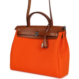 Pre-owned Hermes Herbag Zip PM 31 Orange Minium Toile H Canvas and Fauve Vache Hunter Palladium Hardware