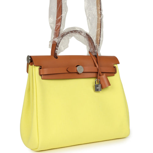Hermes Herbag Zip PM 31 Jaune Citron Toile H Canvas and Fauve Vache Hunter Palladium Hardware
