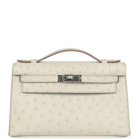 Hermes Kelly Pochette Gris Perle Ostrich Palladium Hardware